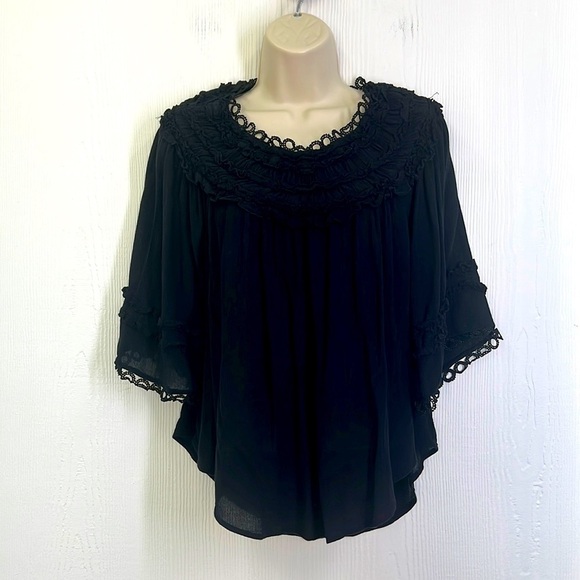 Anthropologie- Black Gauze Ruffles Neck And Sleeves Short Sleeve Blouse SZ Small - Picture 1 of 12